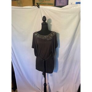 RICHMOND DENIM Embellished Neckline Gray Tunic Top Tie Waist Dolman Sleeve Sz‎ M